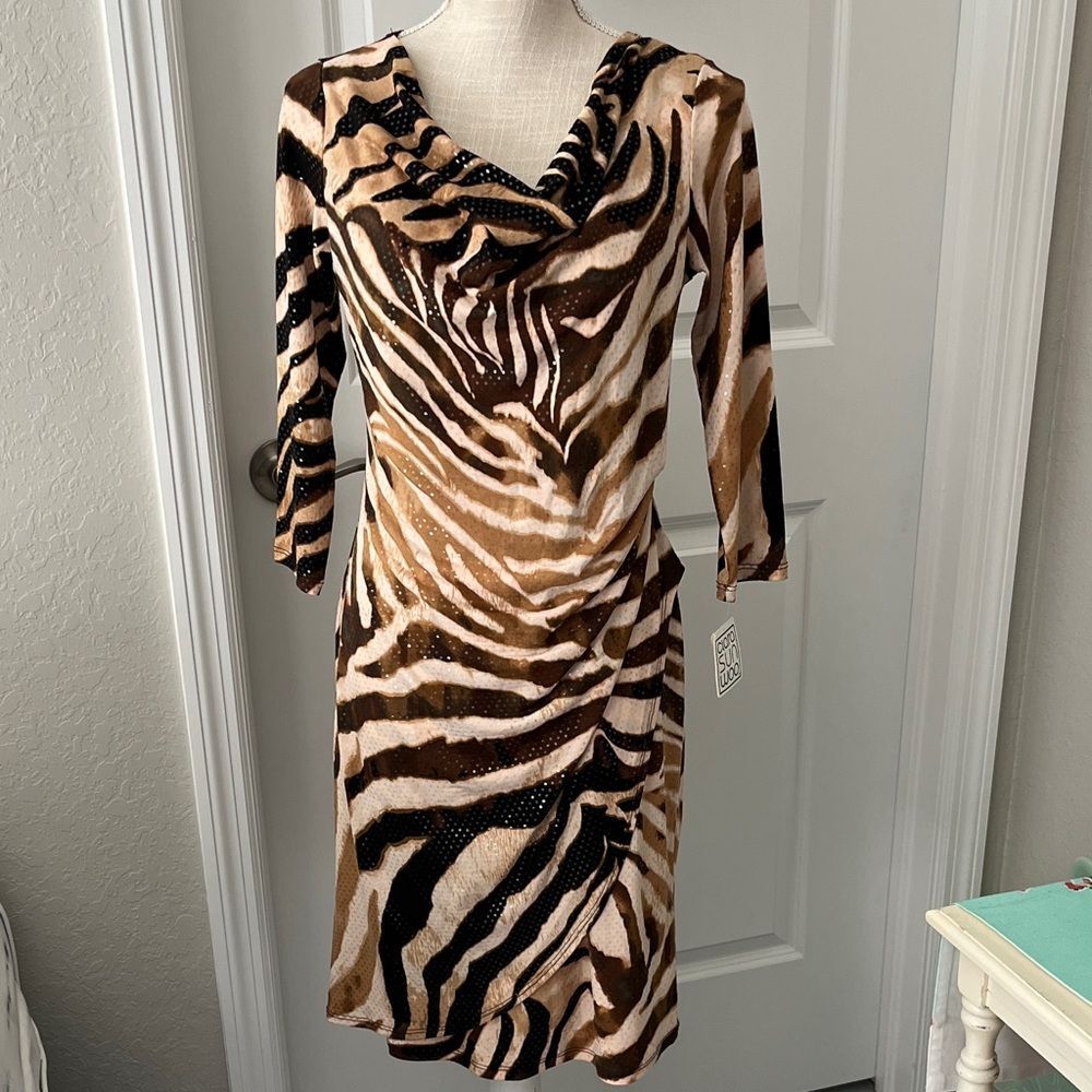 CLARA SUNWOO Animal Print Long Sleeve Dress Front slit Runs big